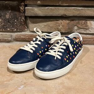 Soludos Navy Leather Court Sneaker with Embroidered Hearts